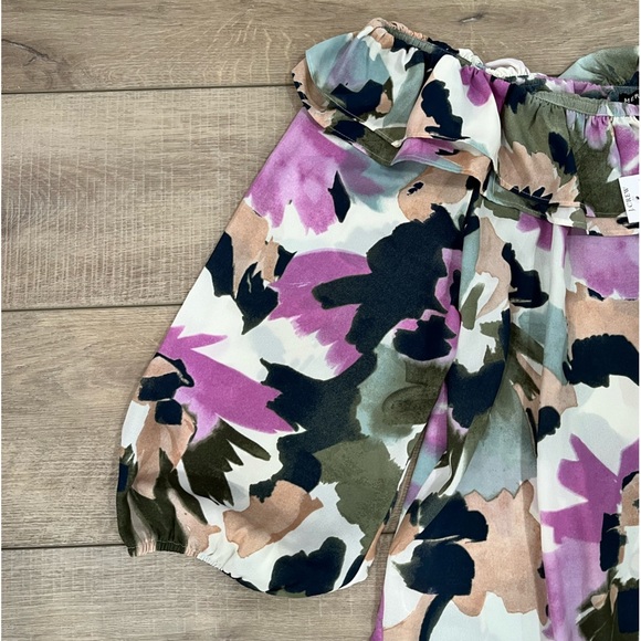J. CREW MERCANTILE purple & green floral watercolor off the shoulder blouse L - Picture 3 of 11